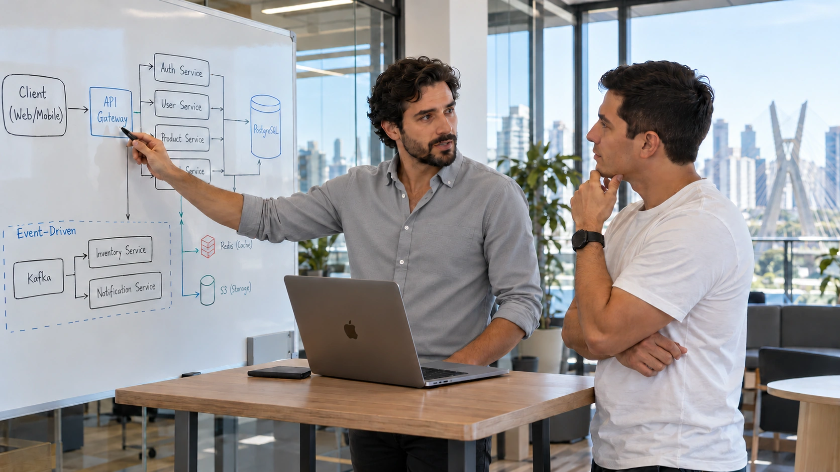 Two engineers mapping a system architecture on a whiteboard.