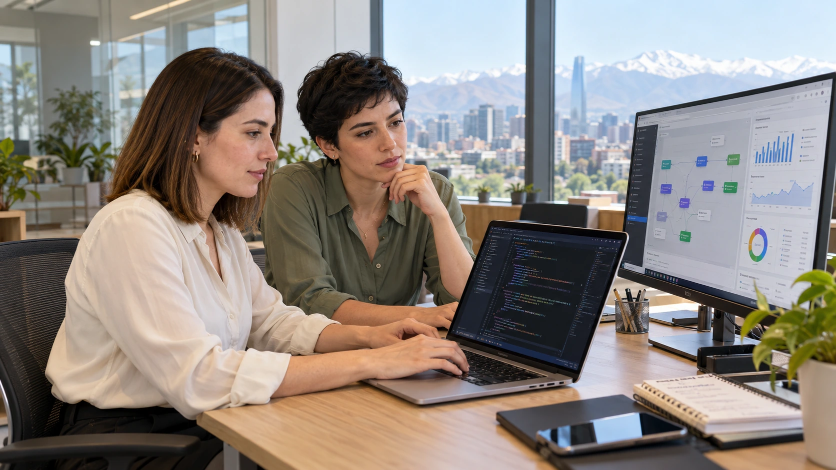 Two analysts reviewing a data dashboard, with the Andes in the background.