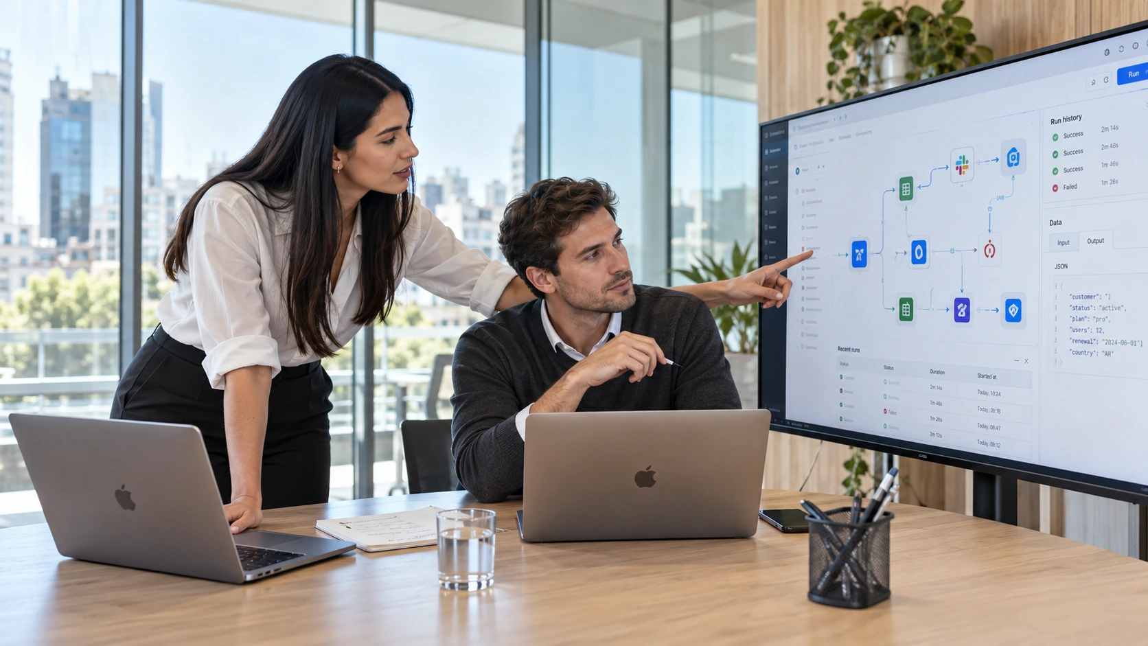 Two colleagues reviewing an automation workflow on a large screen.