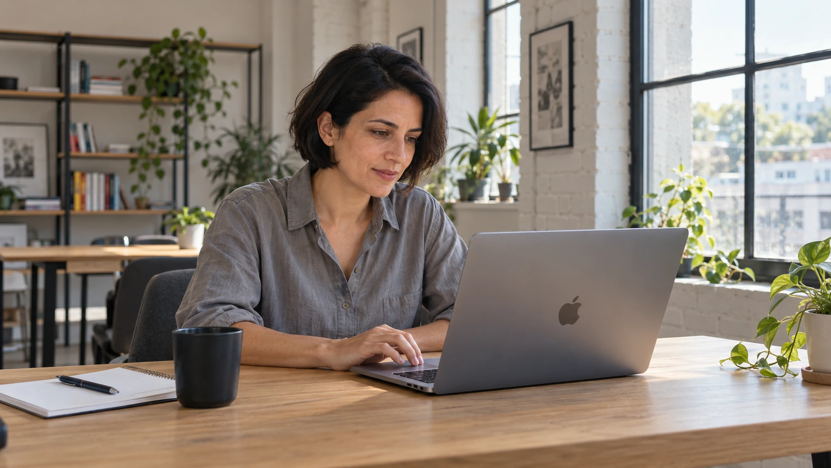 A professional working on a laptop in a bright studio.