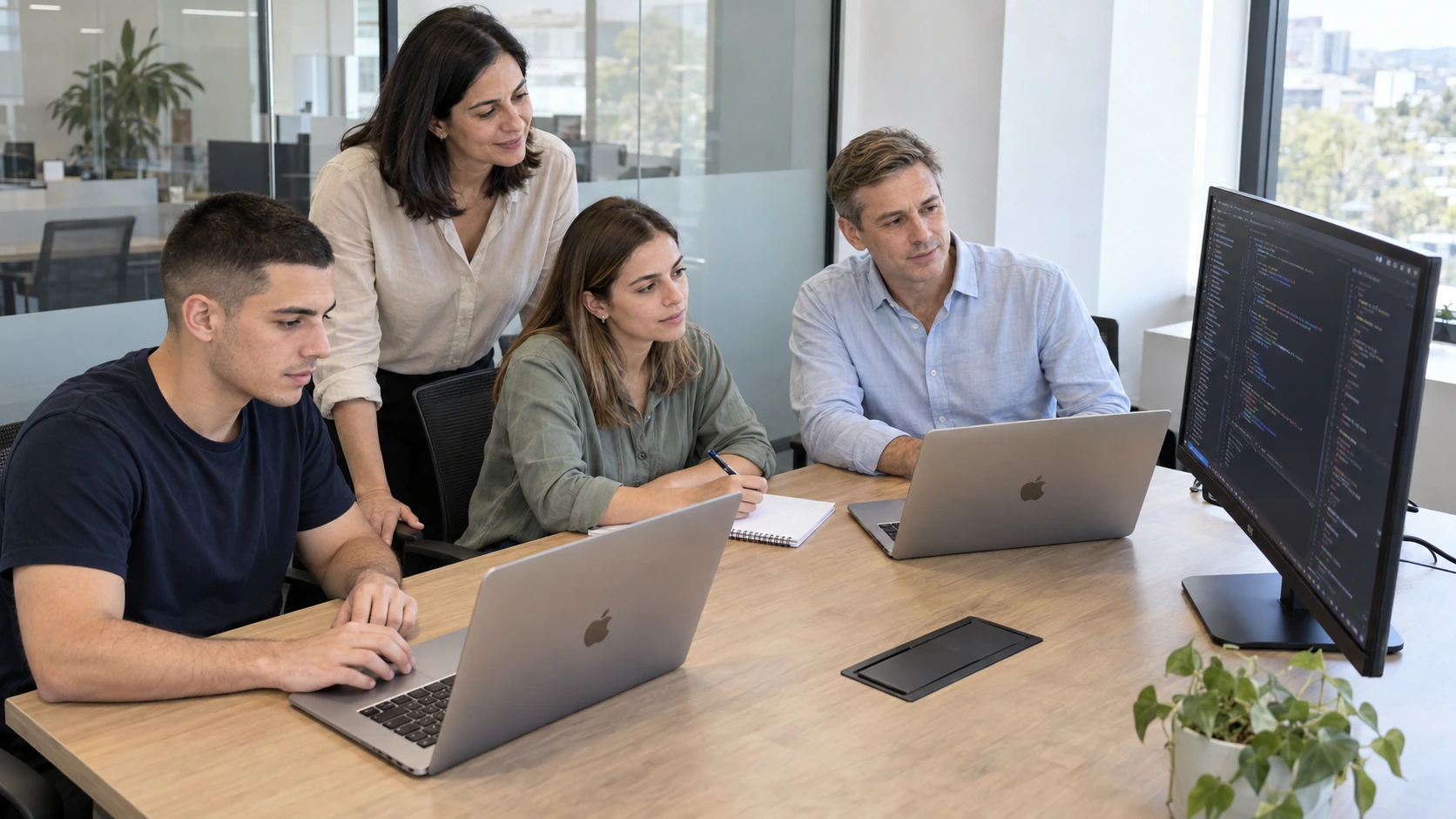 A product team reviewing code together around a table.